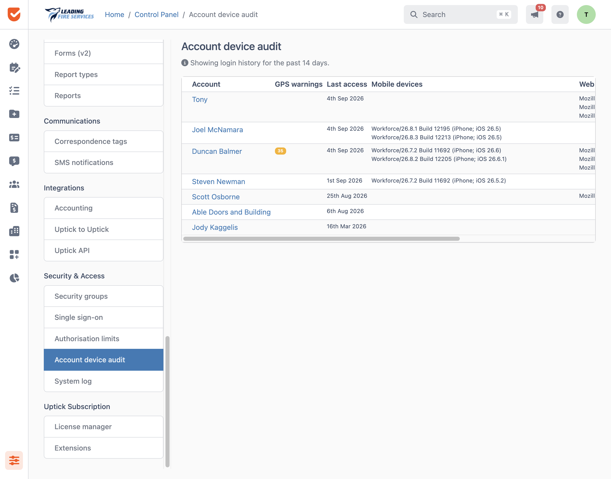 Account device audit | Control Panel