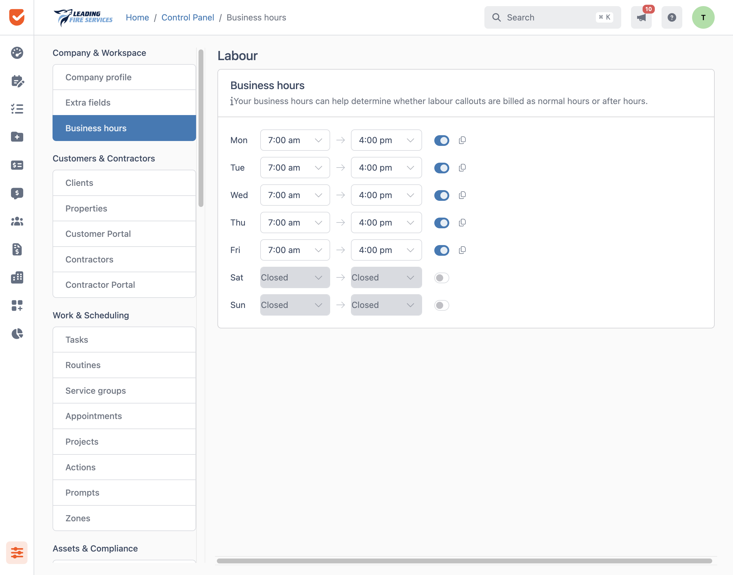 Business Hours | Control Panel