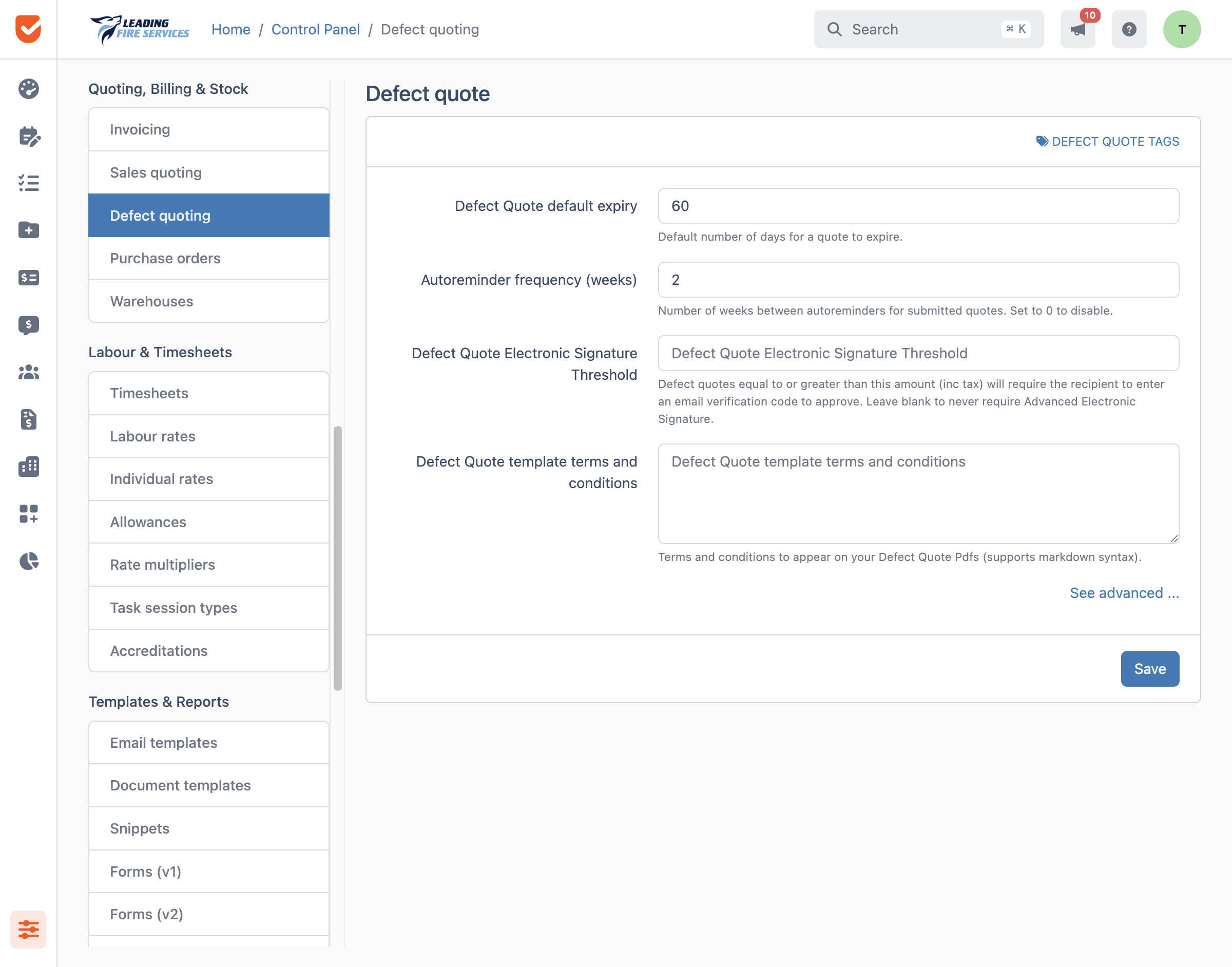 Defect quoting | Control Panel