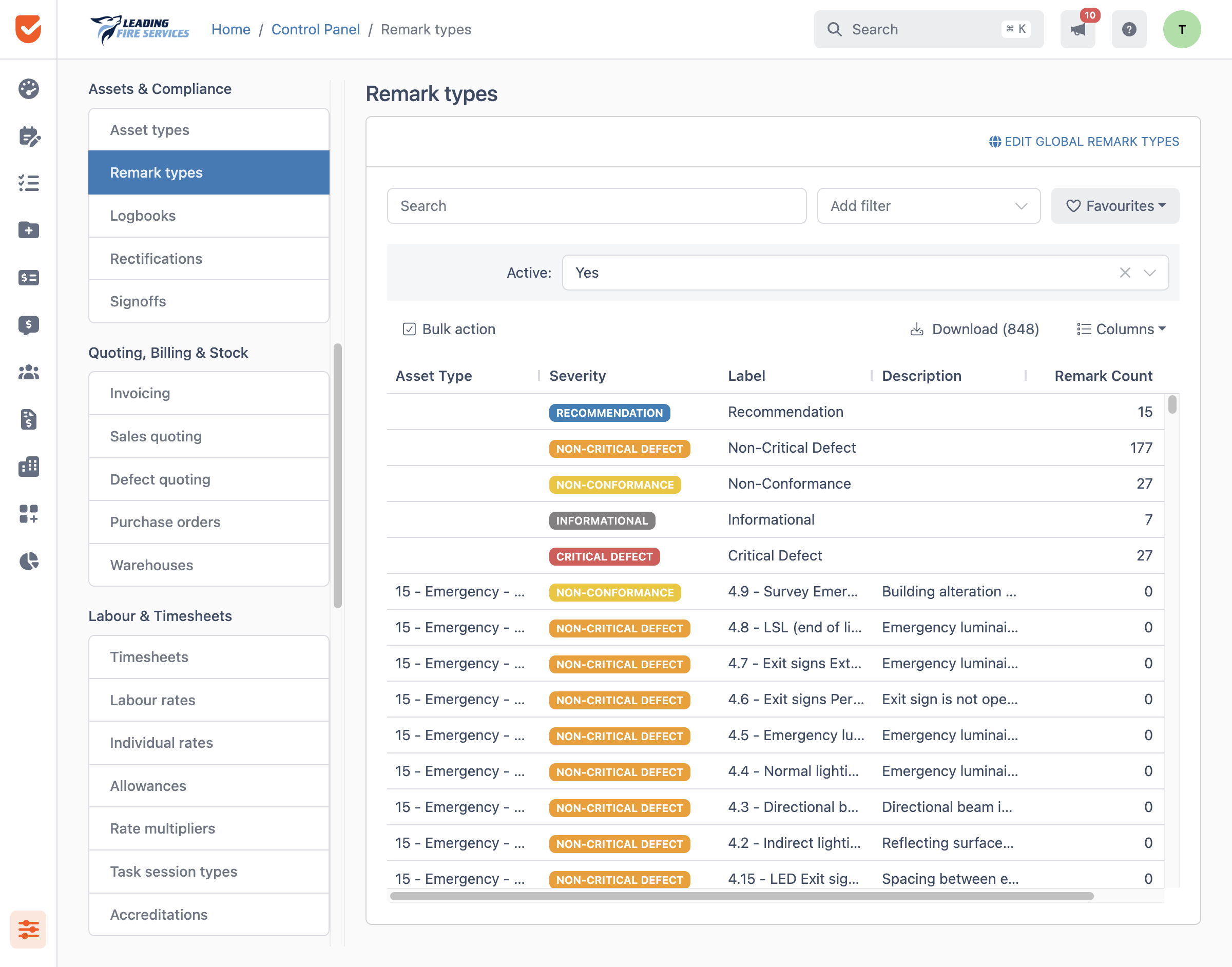 Remark Types | Control Panel