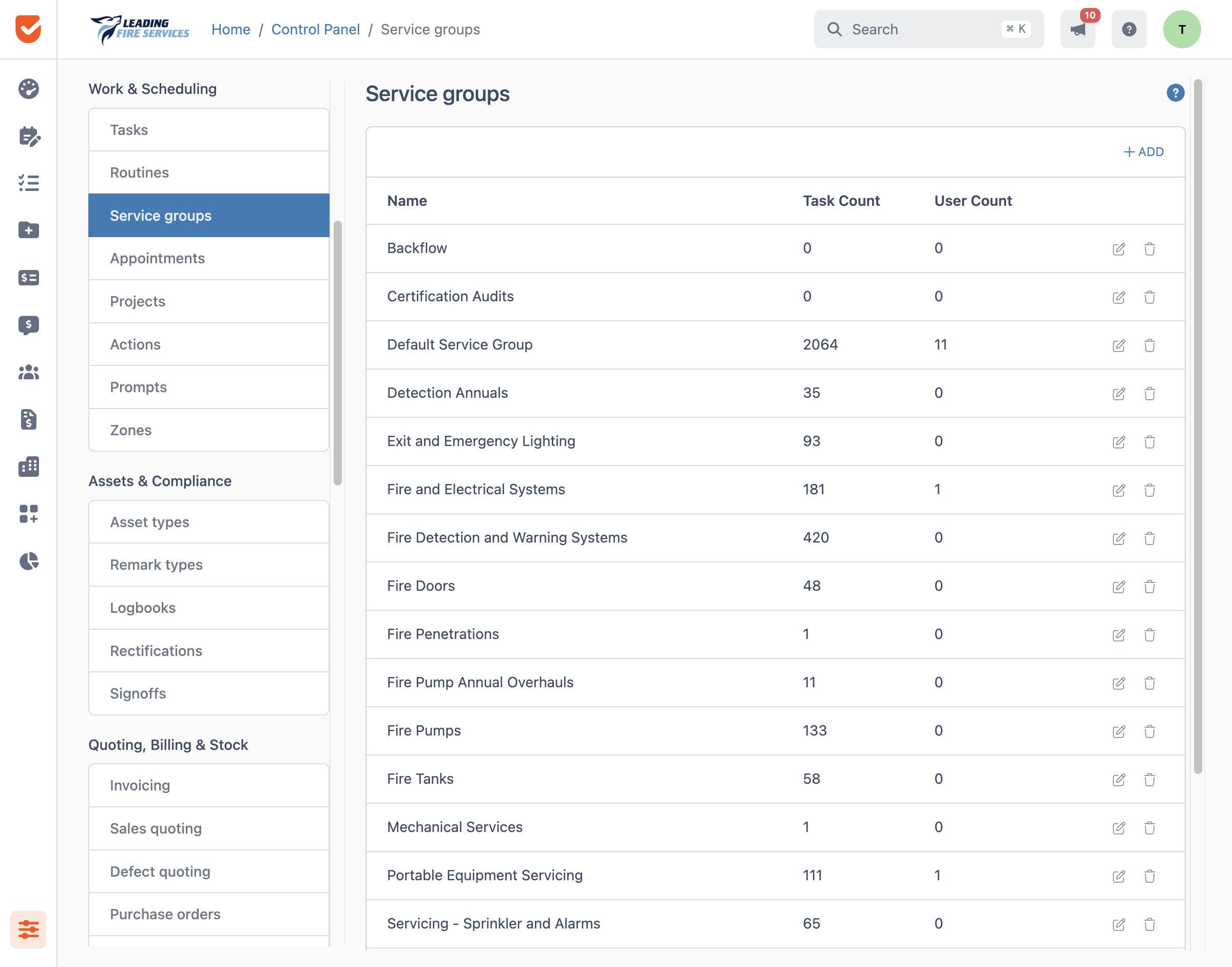 Service Groups | Control Panel