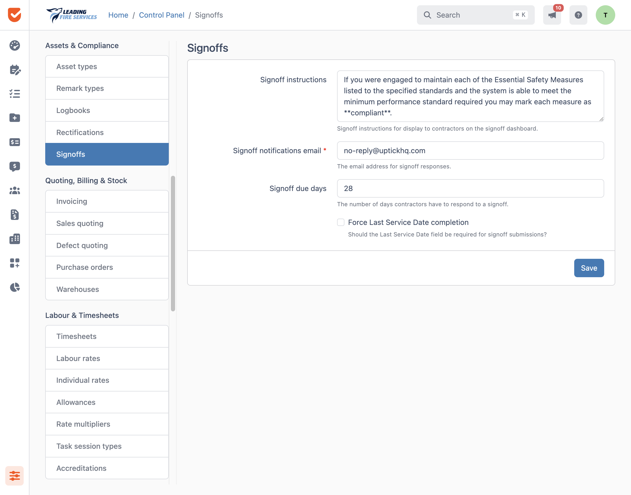Signoffs | Control Panel