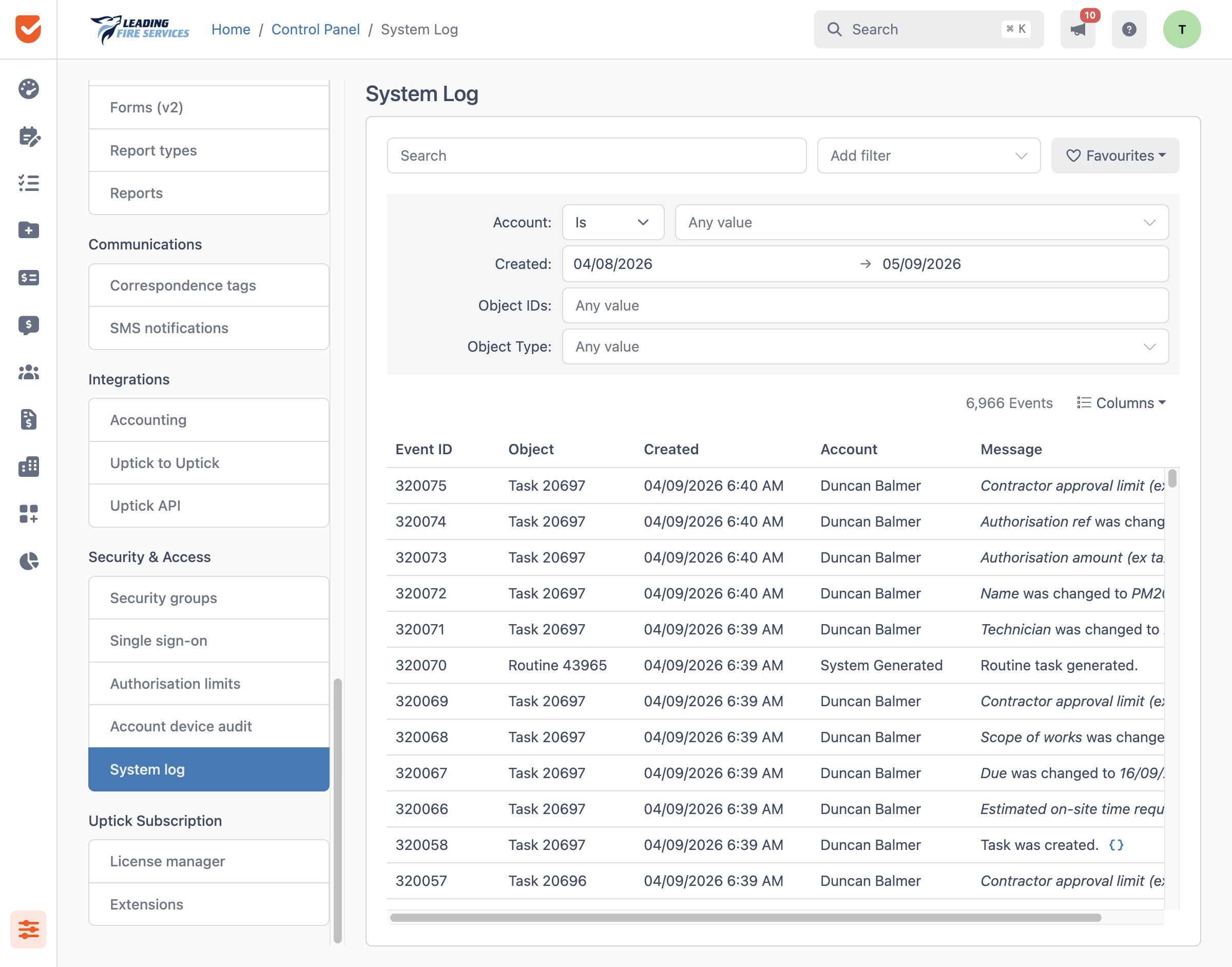 System Log | Control Panel