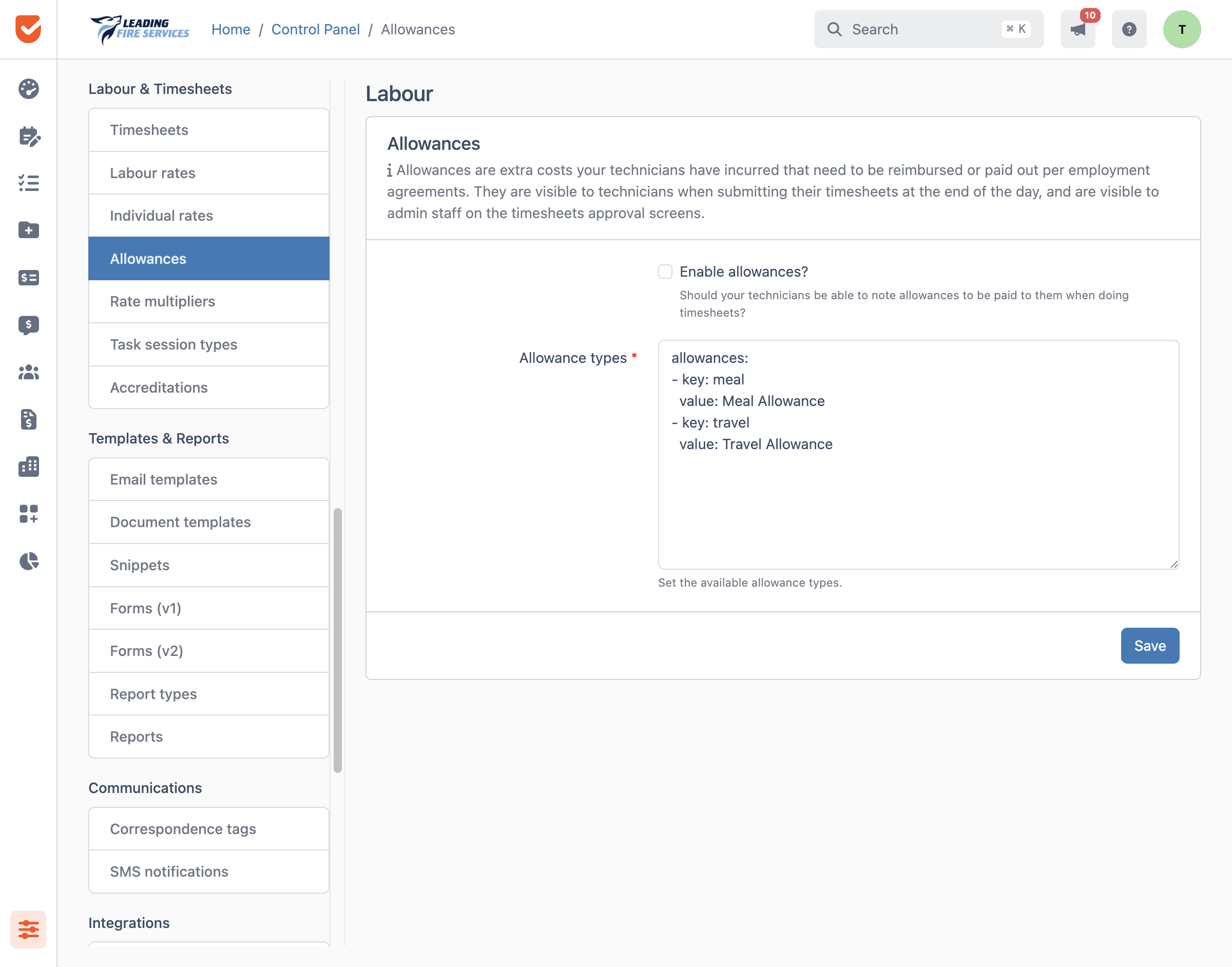Allowances | Control Panel
