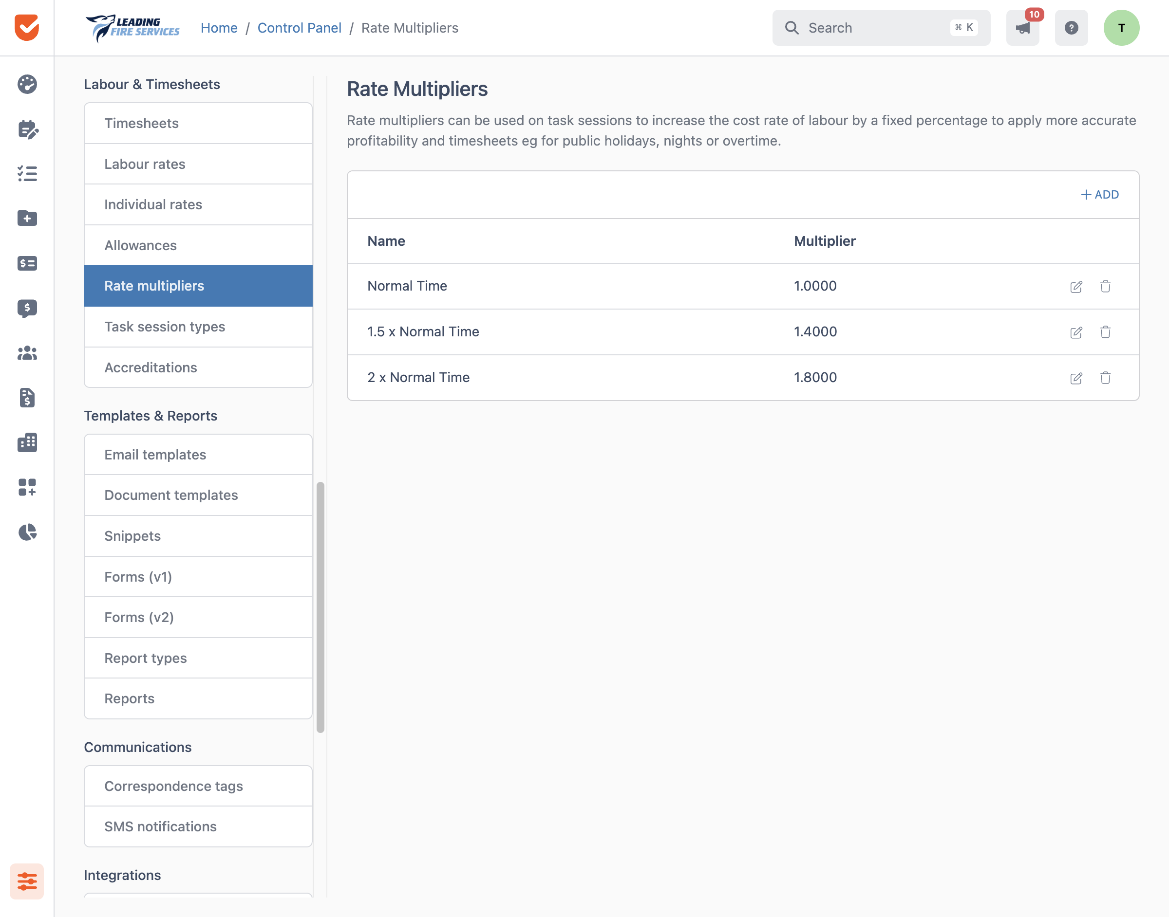 Rate Multipliers | Control Panel