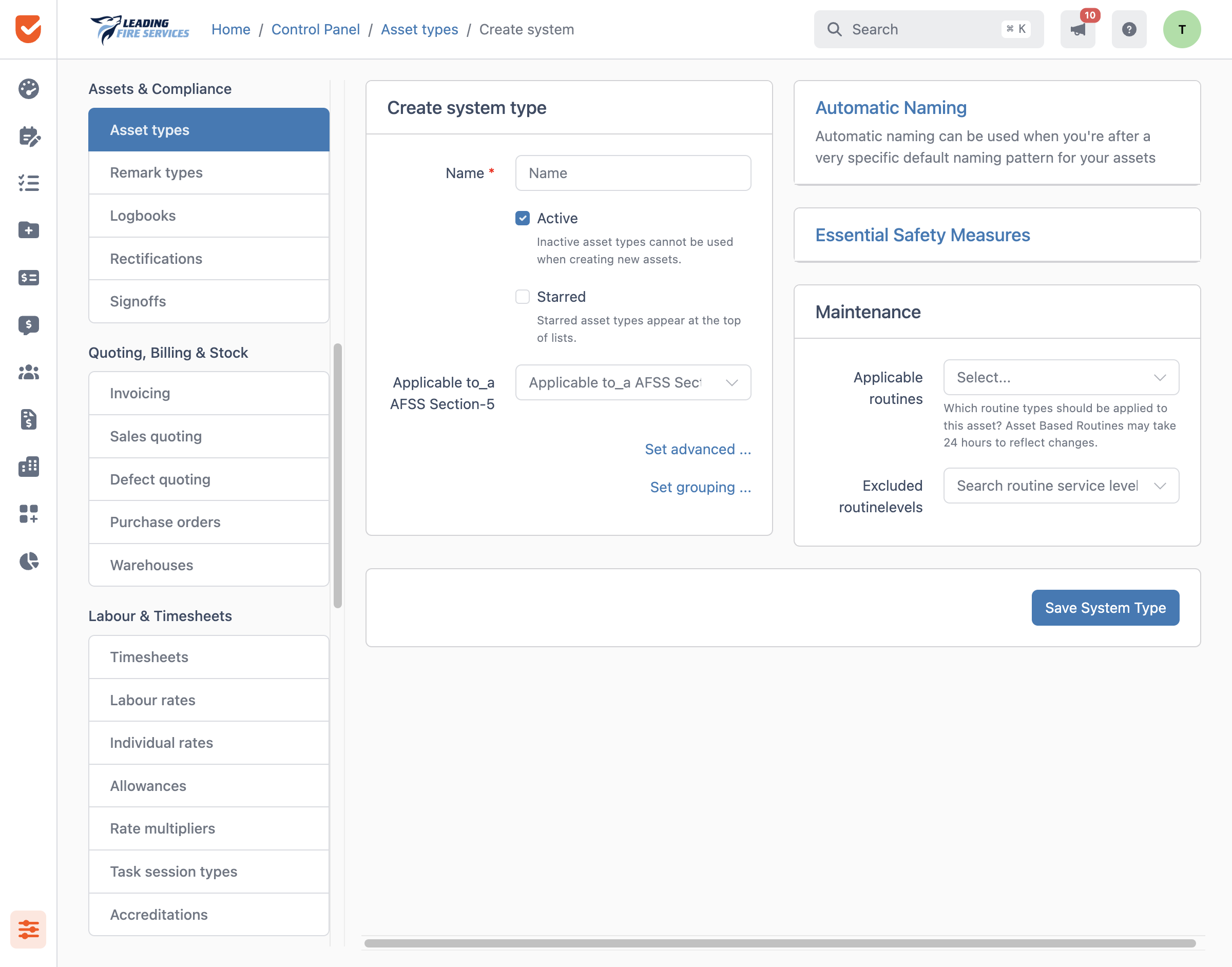 Create system type | Control Panel